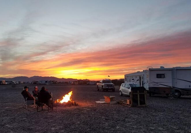 A fire at sunset in Quartzsite. Does it get any better?